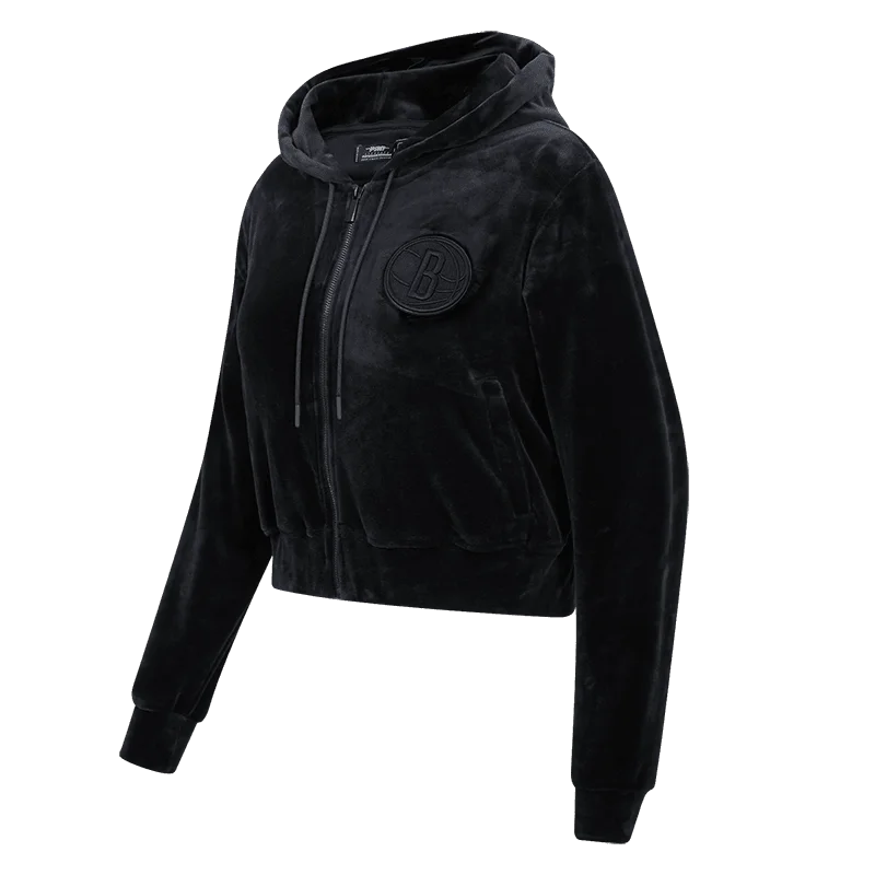 NBA BROOKLYN NETS TRIPLE BLACK WOMEN'S VELOUR FZ PO HOODIE (TRIPLE BLACK)