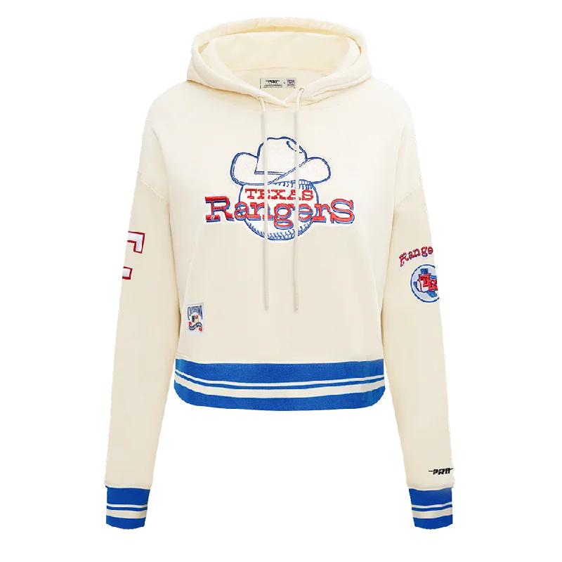 MLB TEXAS RANGERS RETRO CLASSIC WOMEN'S RIB CROPPED PO HOODIE (EGGSHELL/ROYAL BLUE)