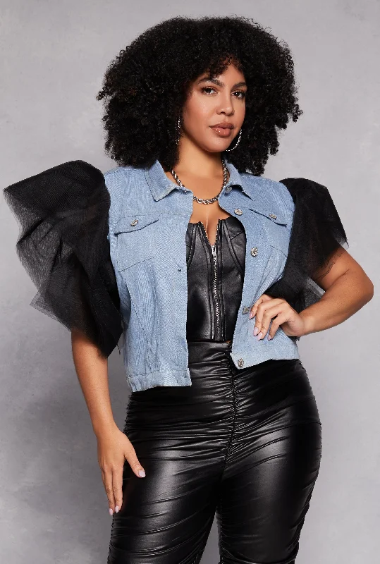 Plus Size Tulle Flutter Sleeve Denim Vest