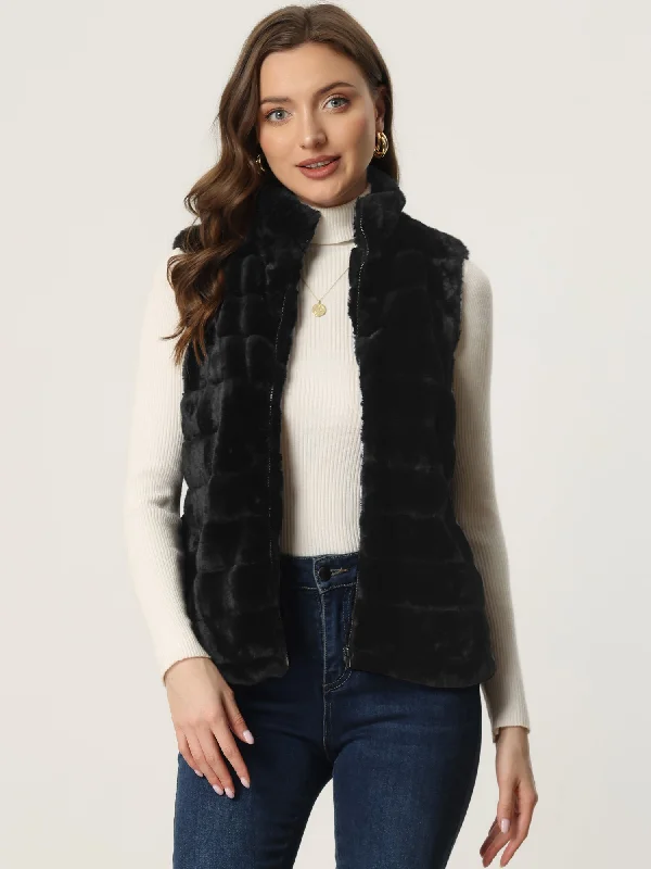 Fluffy Vest Jacket Stand Collar Sleeveless Faux Fur Coat