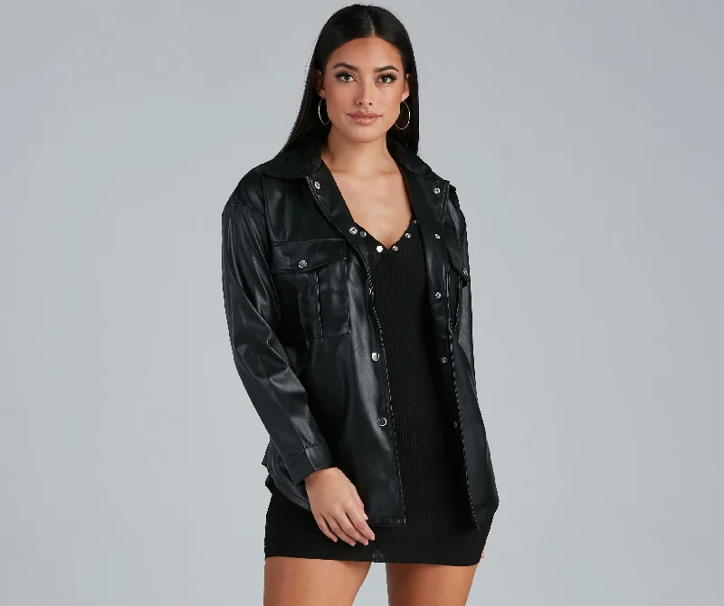 Sleek Trends Faux Leather Tie-Waist Shacket