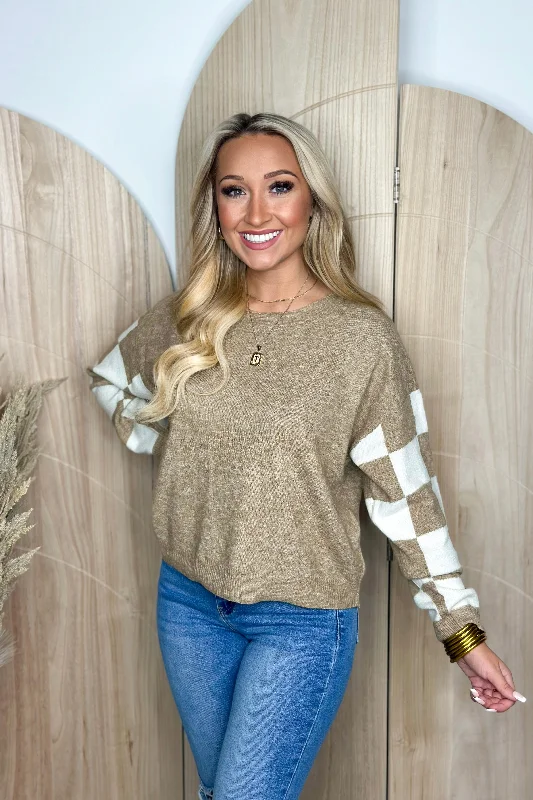 Taupe Checkered Long Sleeve Sweater