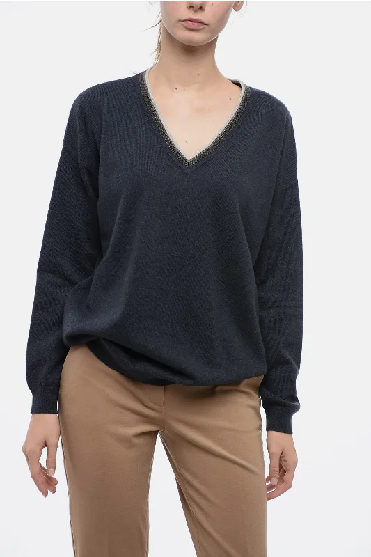 Brunello Cucinelli Jeweled V-Neck Pure Cashmere Sweater