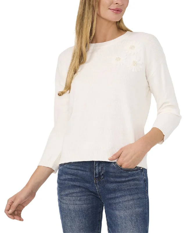 Cece Floral Embroidery Pearl Sweater