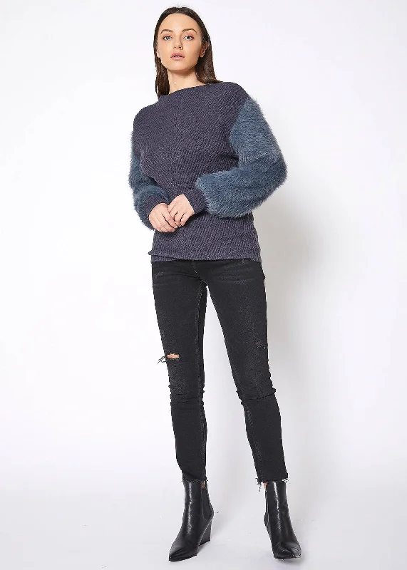 Faux Fur Sleeve Boat Neck Sweater in Slate Blue