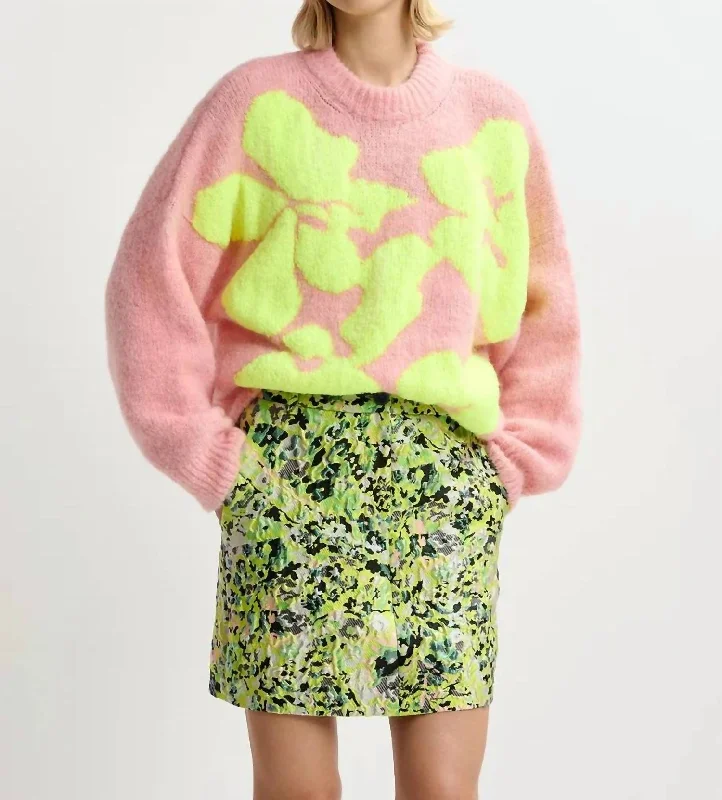 Floral Intarsia-Knitted Sweater In Light Pink/neon Yellow