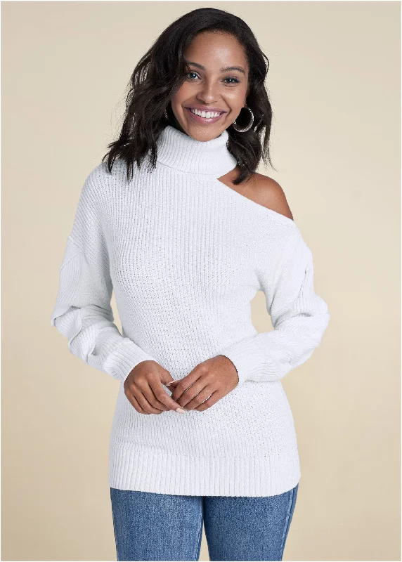 Cutout Shoulder Turtleneck - White