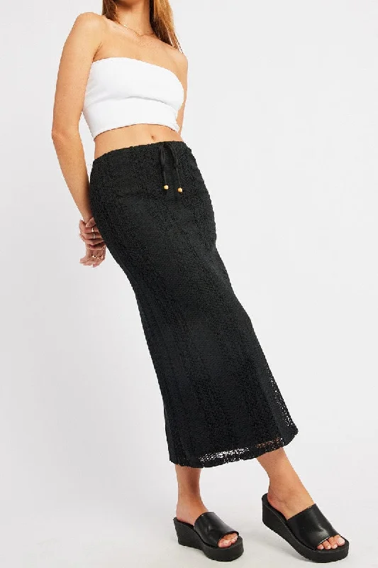 Black Crochet Maxi Skirt High Rise Relaxed Lined