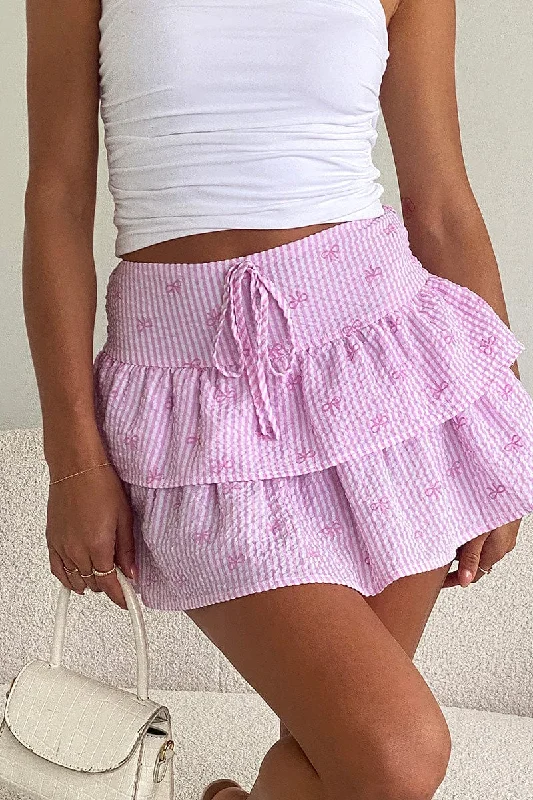 Pink Stripe Ruffle Mini Skirt High Rise Shirred Back Tiered