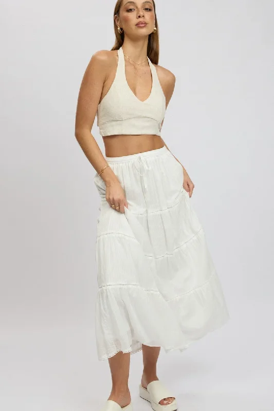 White Maxi Skirt Tiered High Rise Lace Trim