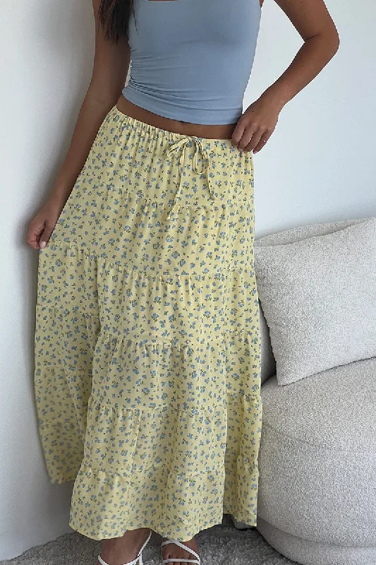 Yellow Ditsy Maxi Skirt Tiered High Rise