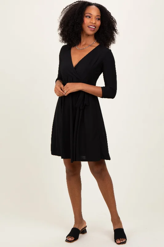 Black 3/4 Sleeve Nursing Sash Tie Wrap Dress