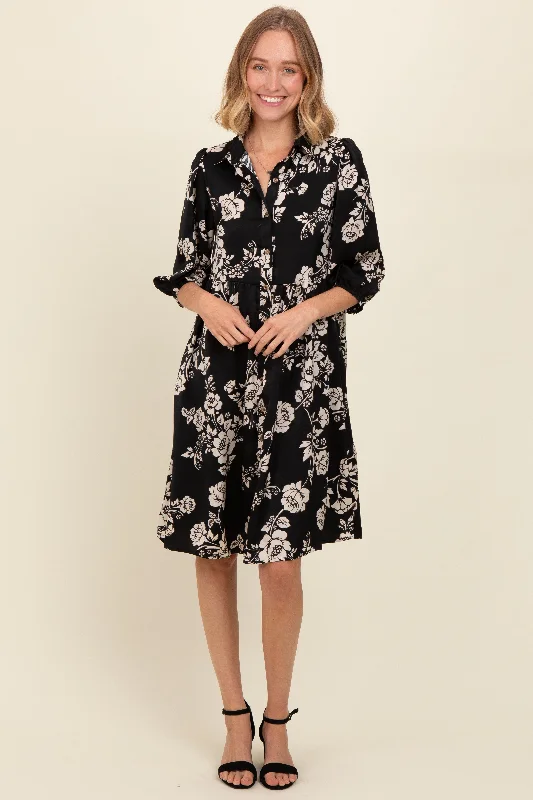 Black Floral Button Down Collared Dress