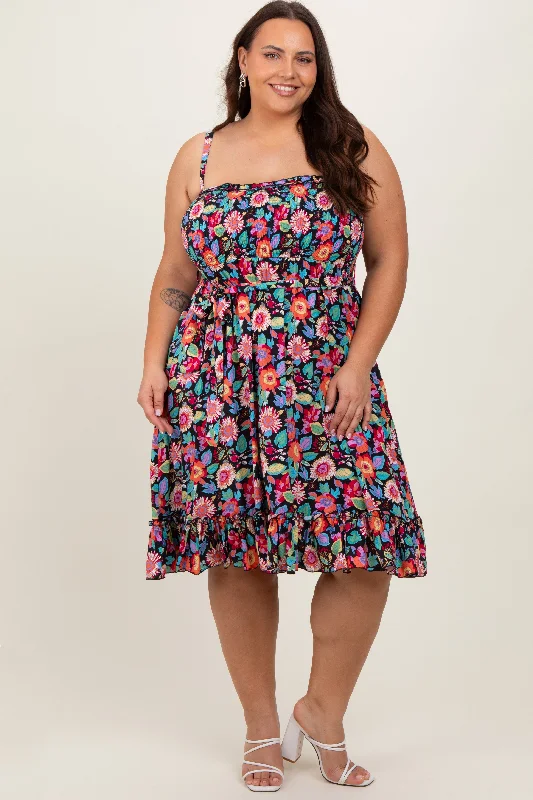 Black Floral Sleeveless Ruffled Plus Dress