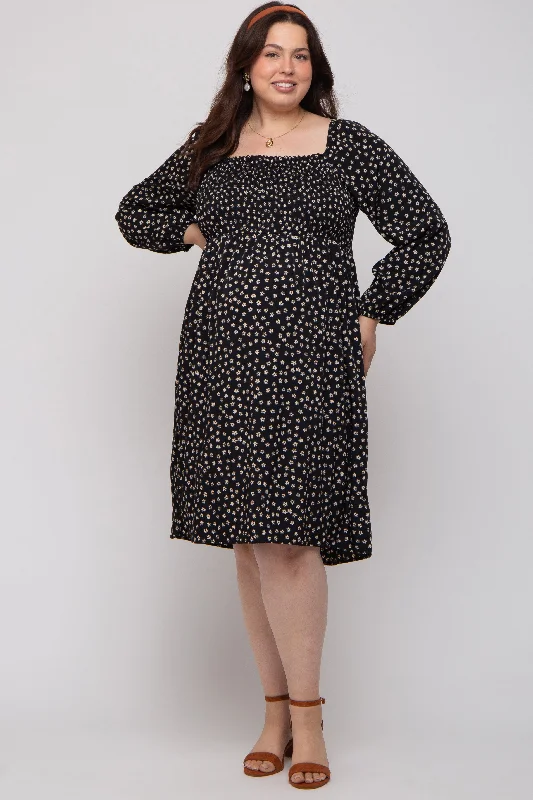 Black Floral Smocked Long Sleeve Maternity Plus Dress