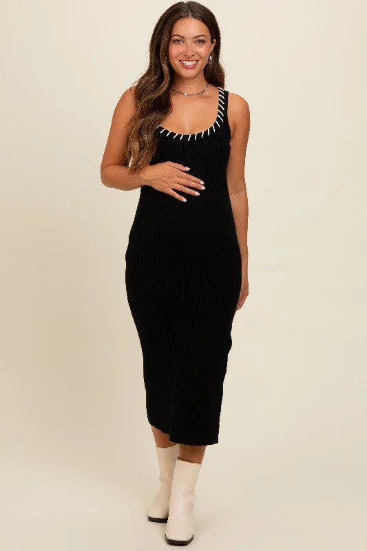 Black Knit Contrast Stitch Detail Maternity Midi Dress