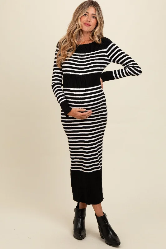 Black Striped Maternity Midi Sweater Dress