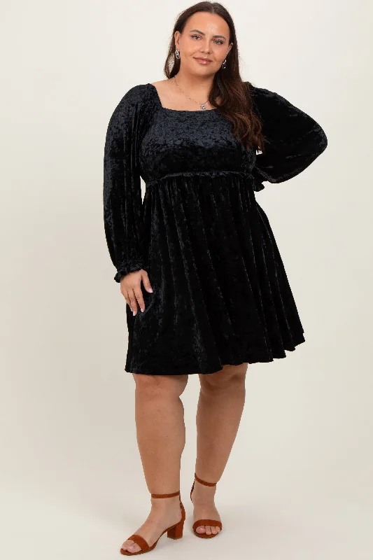 Black Velour Square Neck Plus Dress