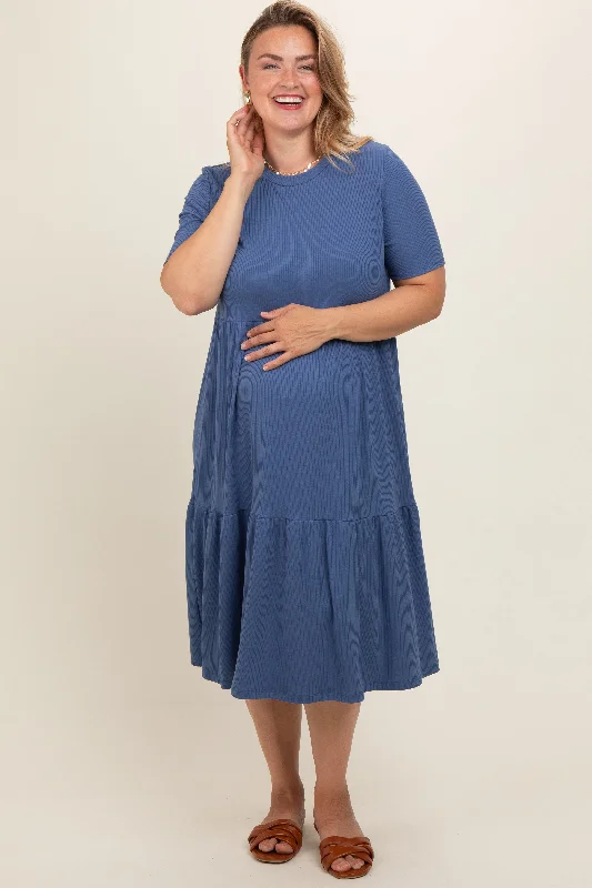 Blue Ribbed Tiered Maternity Plus Dress