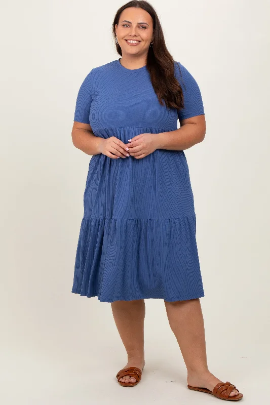 Blue Ribbed Tiered Plus Dress