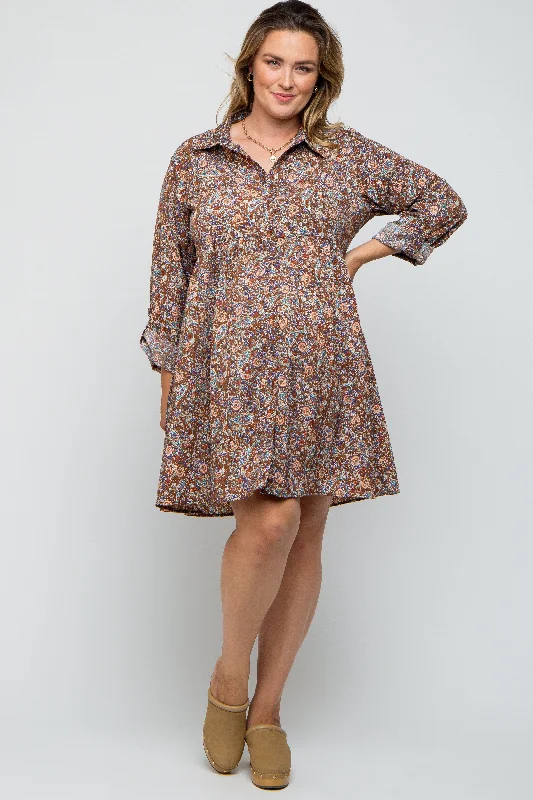 Brown Floral Paisley Button Up Maternity Plus Dress