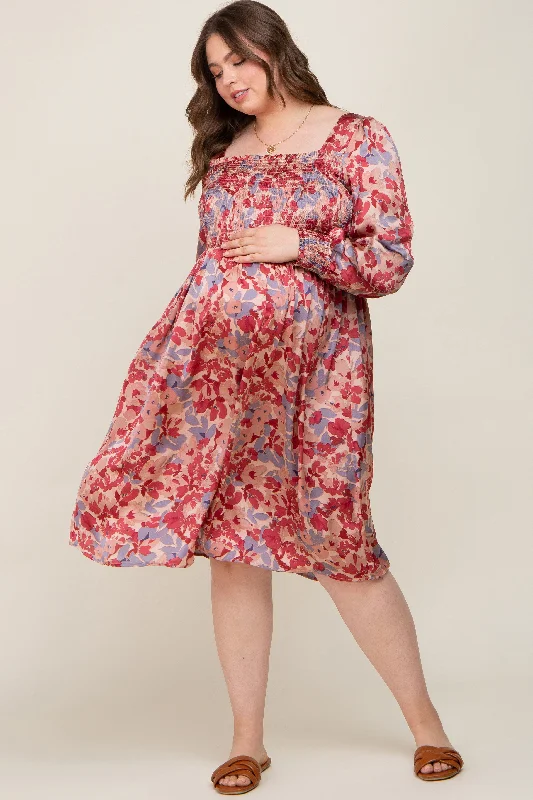 Burgundy Floral Smocked Maternity Plus Satin Dress