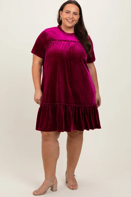 Burgundy Ruffle Accent Velvet Plus Dress