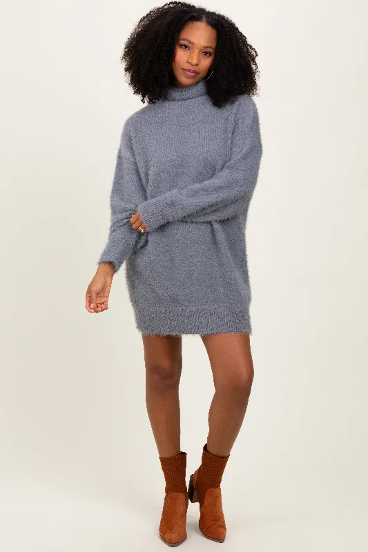 Cream Fuzzy Knit Turtleneck Sweater Mini Dress