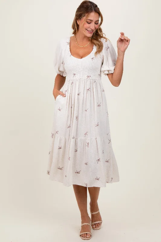 Cream Ribbon Print Smocked Midi Dress