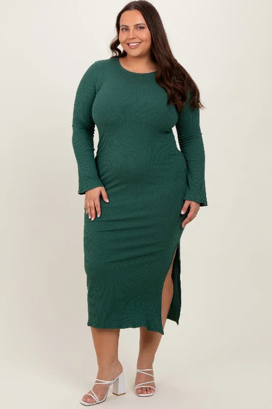 Forest Green Ribbed Side Slit Plus Maxi Dress