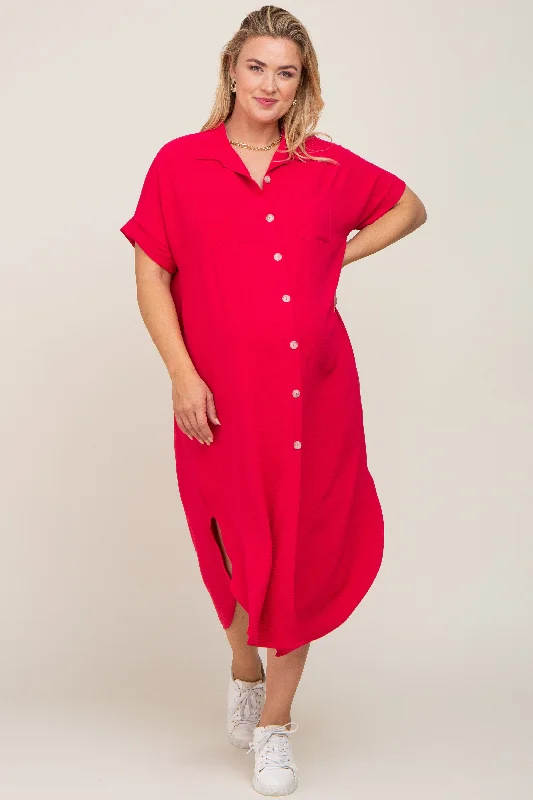 Fuchsia Button Down Hi Low Maternity Plus Maxi Dress