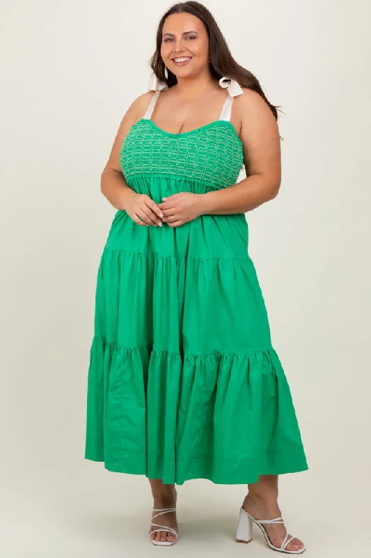 Green Ribbon Strap Tiered Plus Maxi Dress