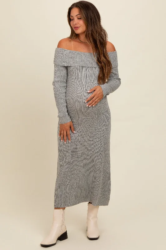 Heather Grey Off Shoulder Back Tie Maternity Sweater Midi Dress