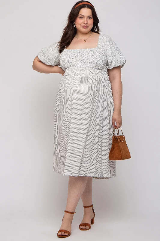 Ivory Striped Linen Smocked Short Puff Sleeve Maternity Plus Midi Dress