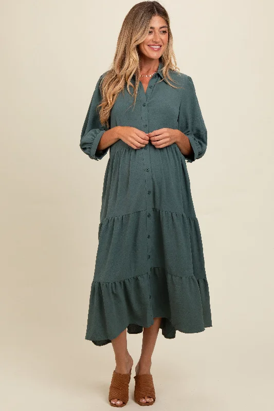 Light Olive Tiered Button Down Maternity Midi Dress