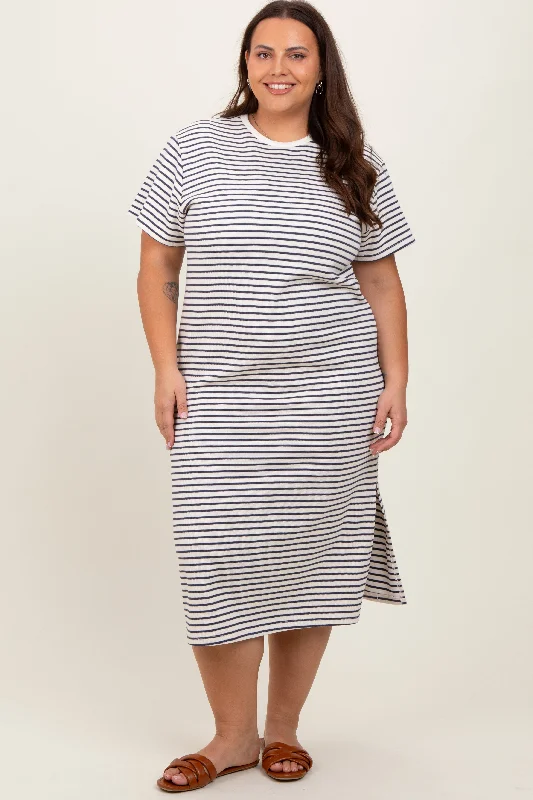 Navy Striped Short Sleeve Plus T-Shirt Midi Dress