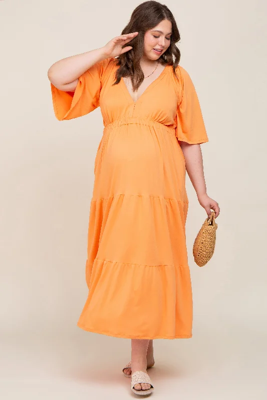 Orange Deep V-Neck Tiered Maternity Plus Maxi Dress