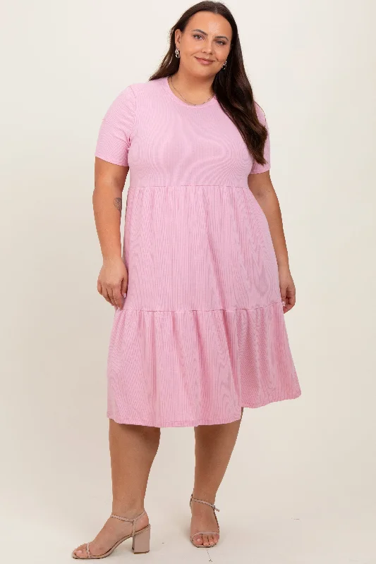 Pink Ribbed Tiered Plus Dress