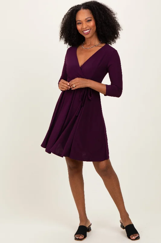 Purple 3/4 Sleeve Nursing Sash Tie Wrap Dress