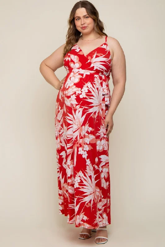 Red Floral Palm Print Wrap Maternity Plus Maxi Dress