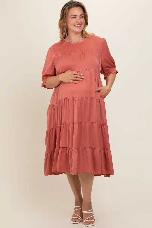 Salmon Satin Tiered Maternity Plus Dress